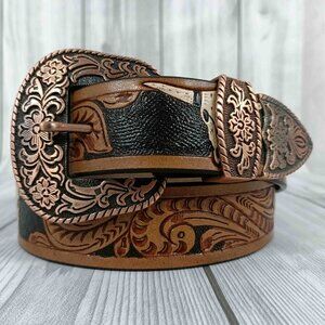 Western Floral Leather Belt For Men or Women, Embossed Tooled Full Grain Leather